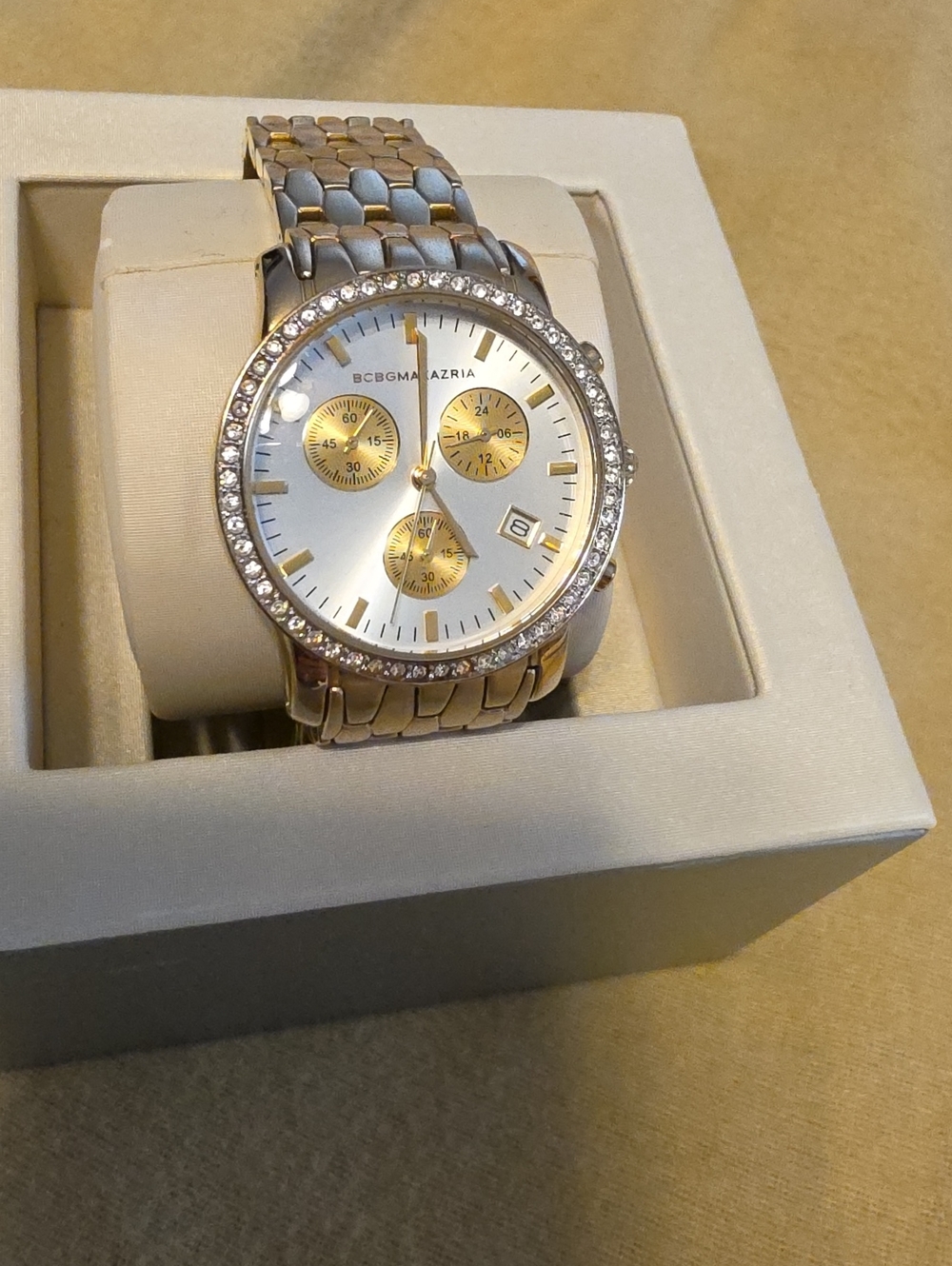 BCBGMaxAzria Silver and Gold Crystal-Accent Chronograph Watch
